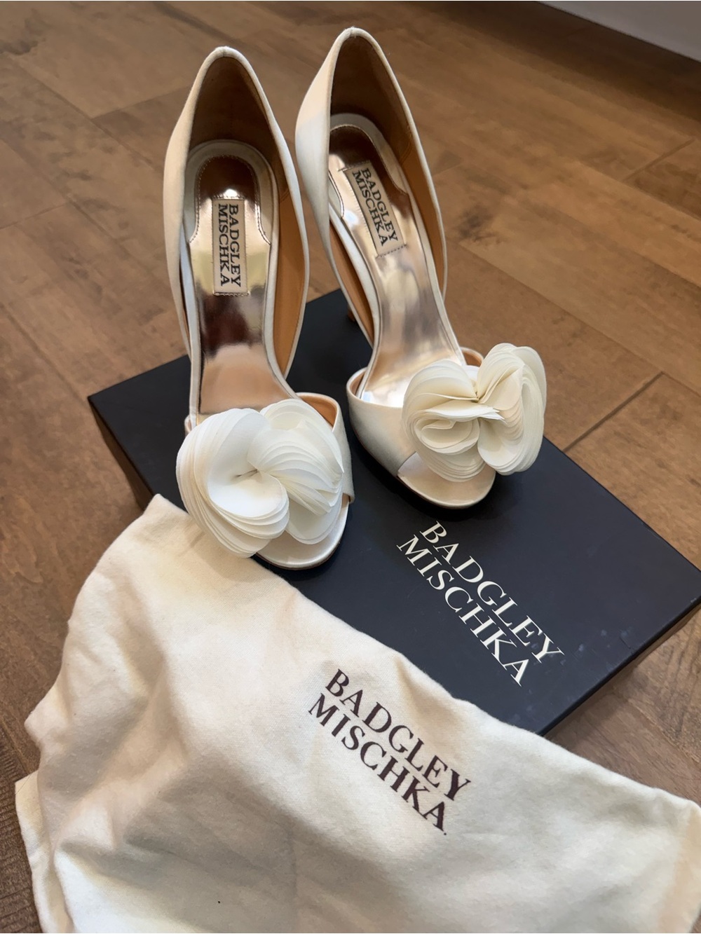 Badgley Mischka Randall White Satin Floral Peep-Toe WeddingHeels